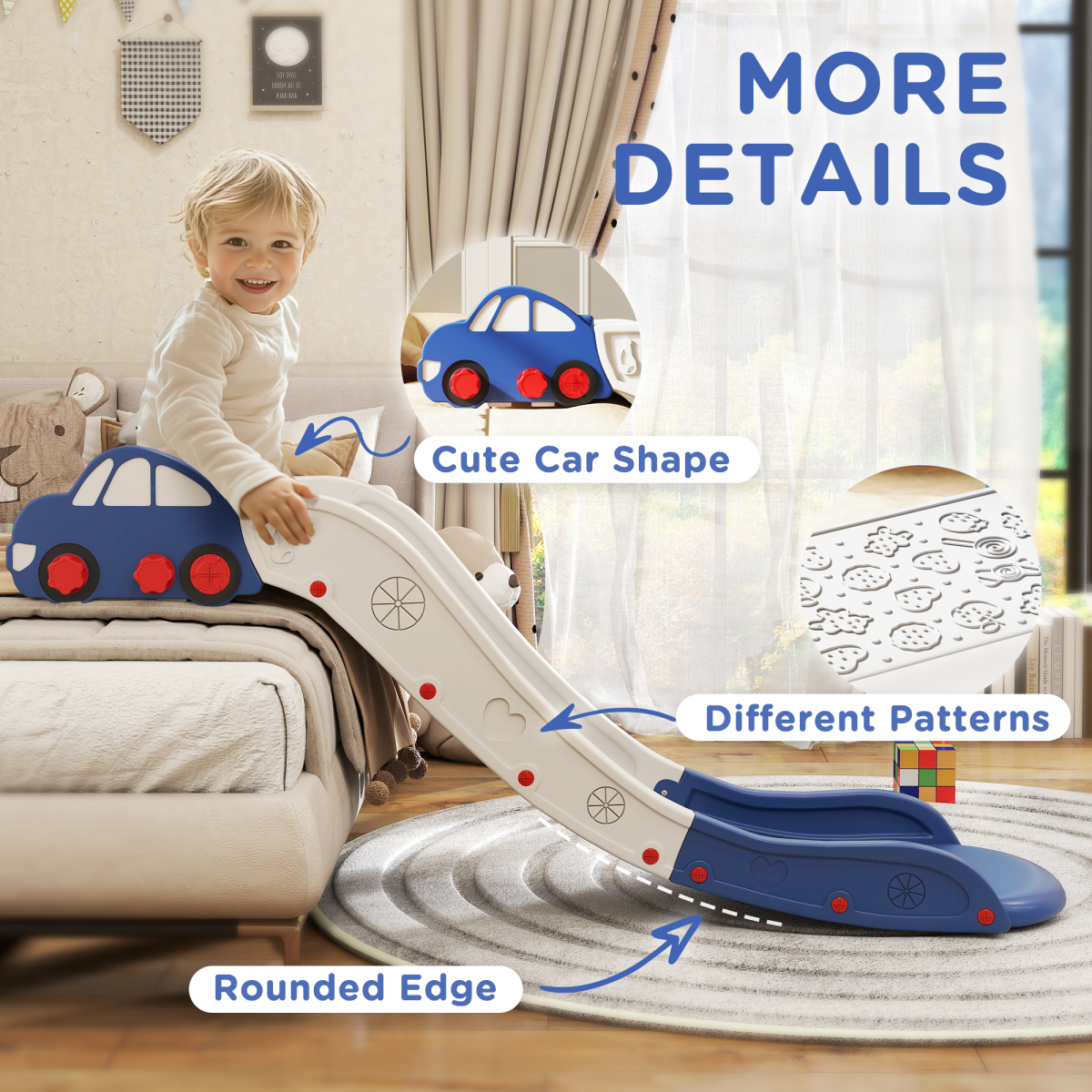 Kids Indoor Slide with Buffer Segment, HDPE Slide for Sofas & Beds – Ages 18-48 Months, Blue
