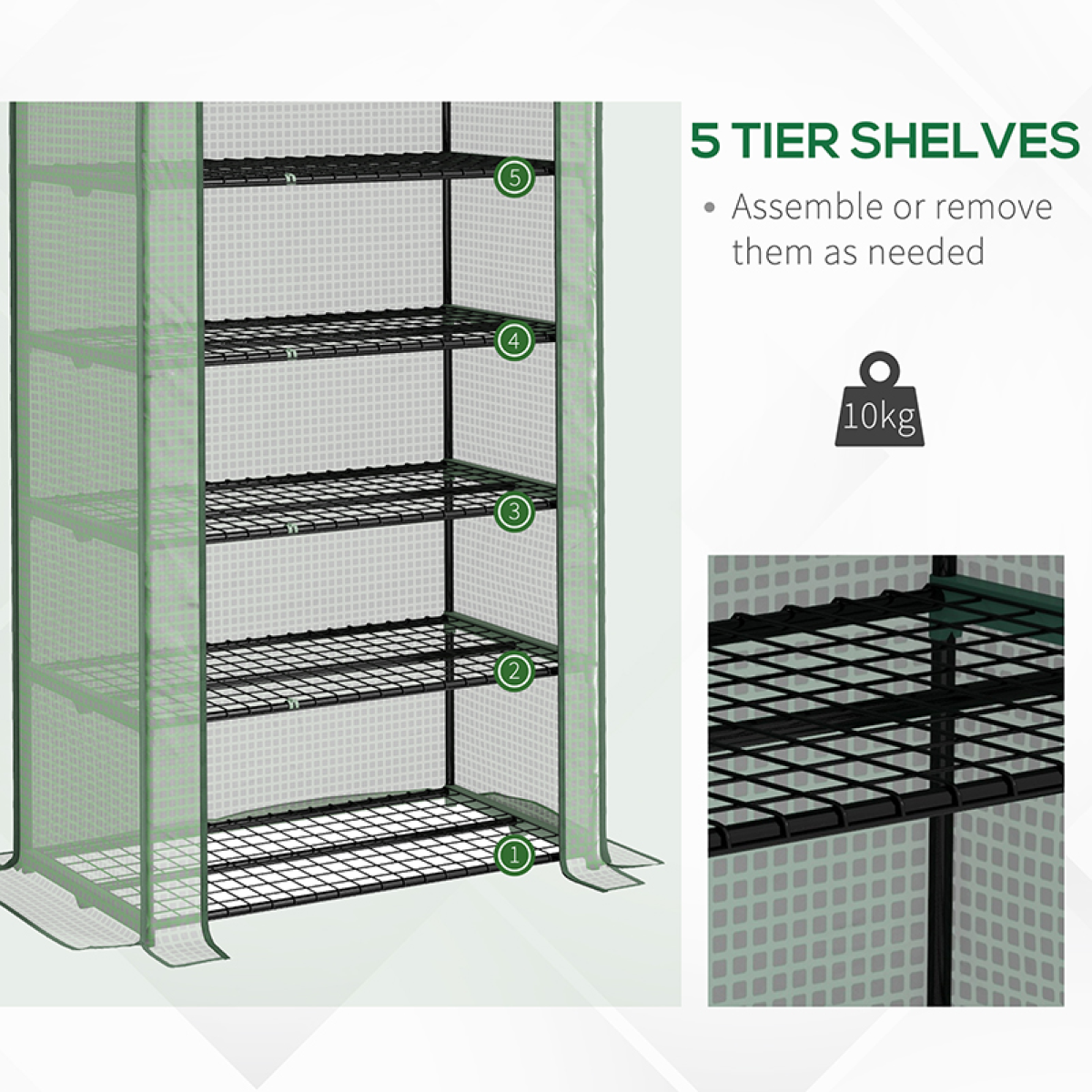 Outsunny 5-Tier Widened Mini Greenhouse with Roll-Up Zipped Door & UV-Resistant Cover – 90 x 49 x 193cm, Green