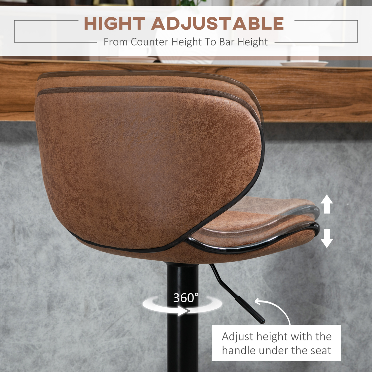 HOMCOM Vintage Microfibre Armless Bar Stools, Set of 2 with Adjustable Height & Curved Moulded Seat