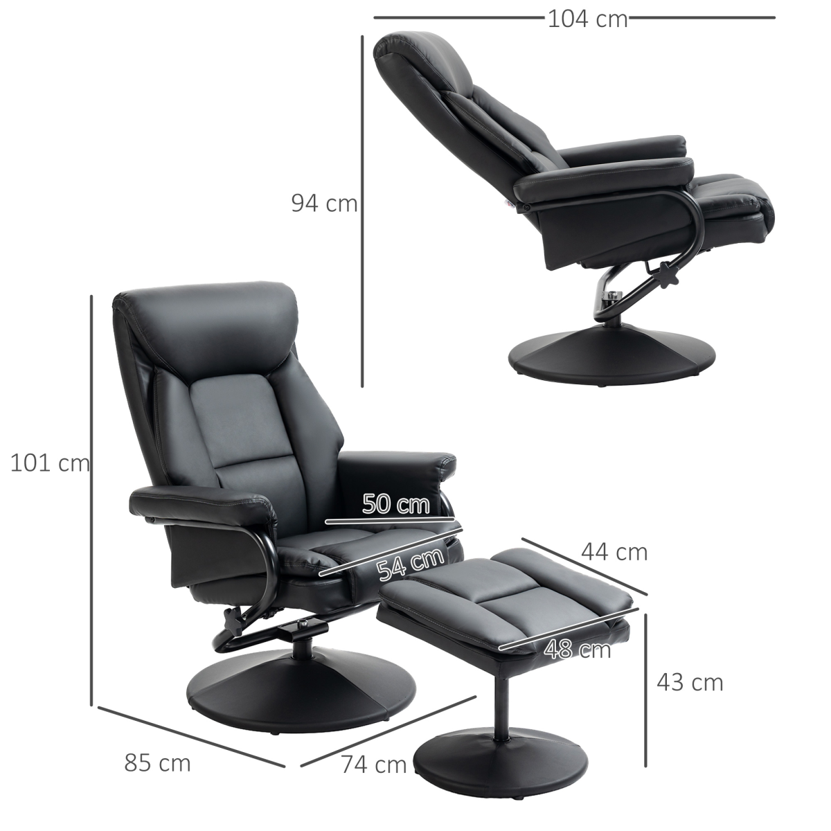 HOMCOM PU Leather Swivel Recliner Armchair with Ottoman – 135° Manual Reclining Chair with Footstool, Black