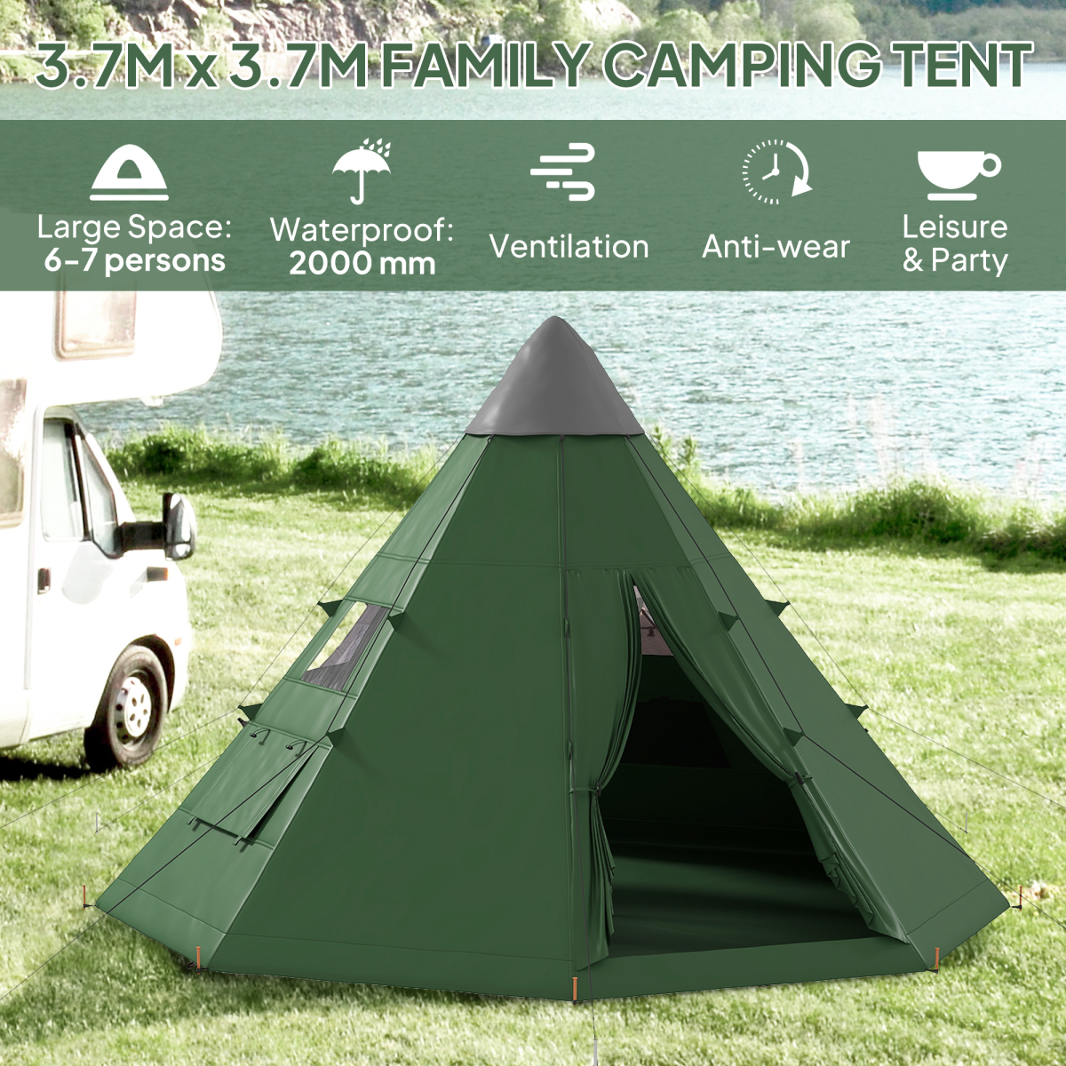 6-Person Tipi Camping Tent with Mesh Windows, Zipped Door & Carry Bag – Large Family Teepee Tent, Green & Black