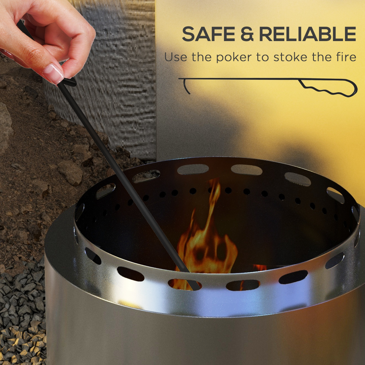 Outsunny Smokeless Wood Burning Fire Pit with Secondary Combustion & Poker, 48.5cm Stainless Steel – Garden Patio Heater, Silver