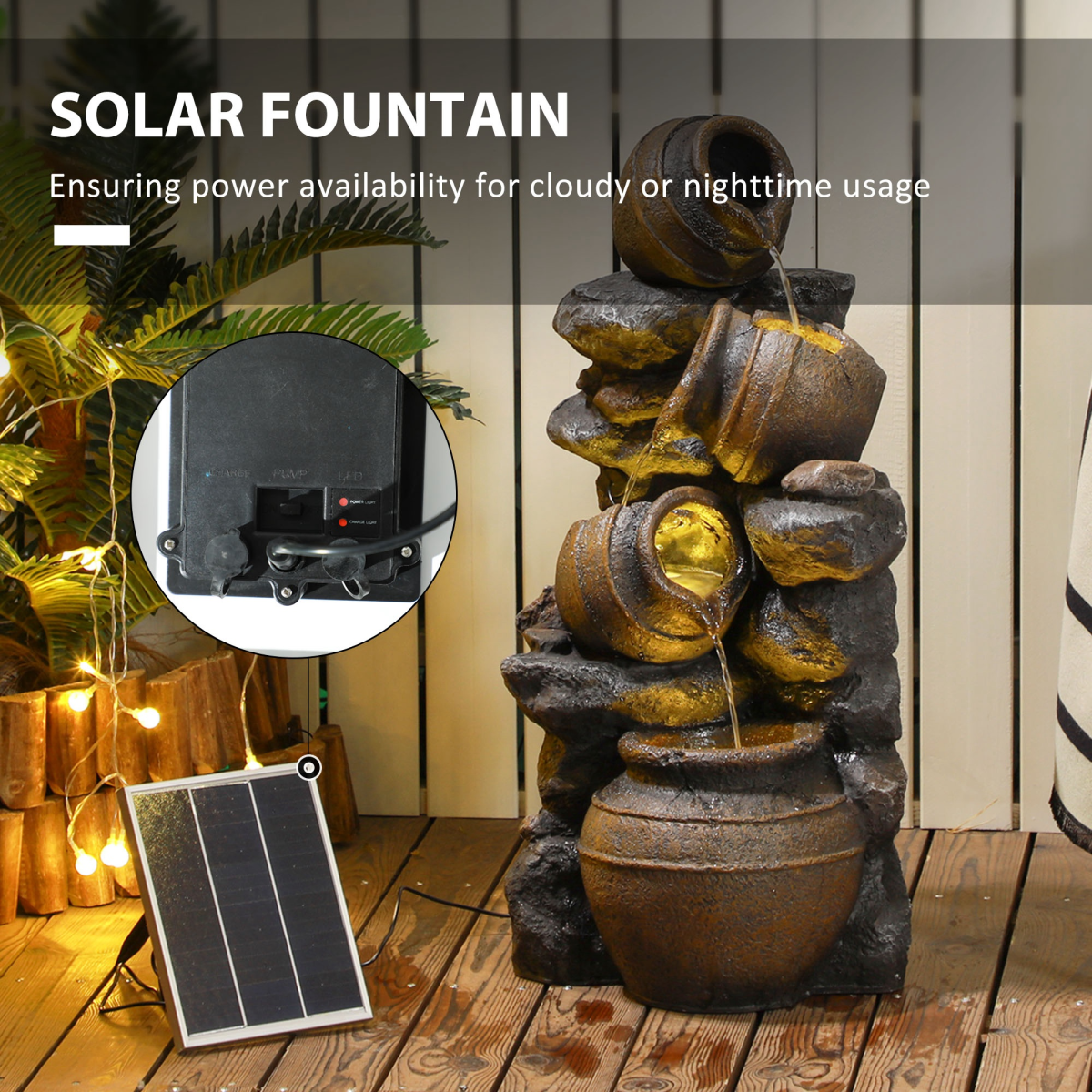 Outsunny Solar 4-Tier Water Fountain with 12 LED Lights & Pump – Weather-Resistant Resin Garden Water Feature