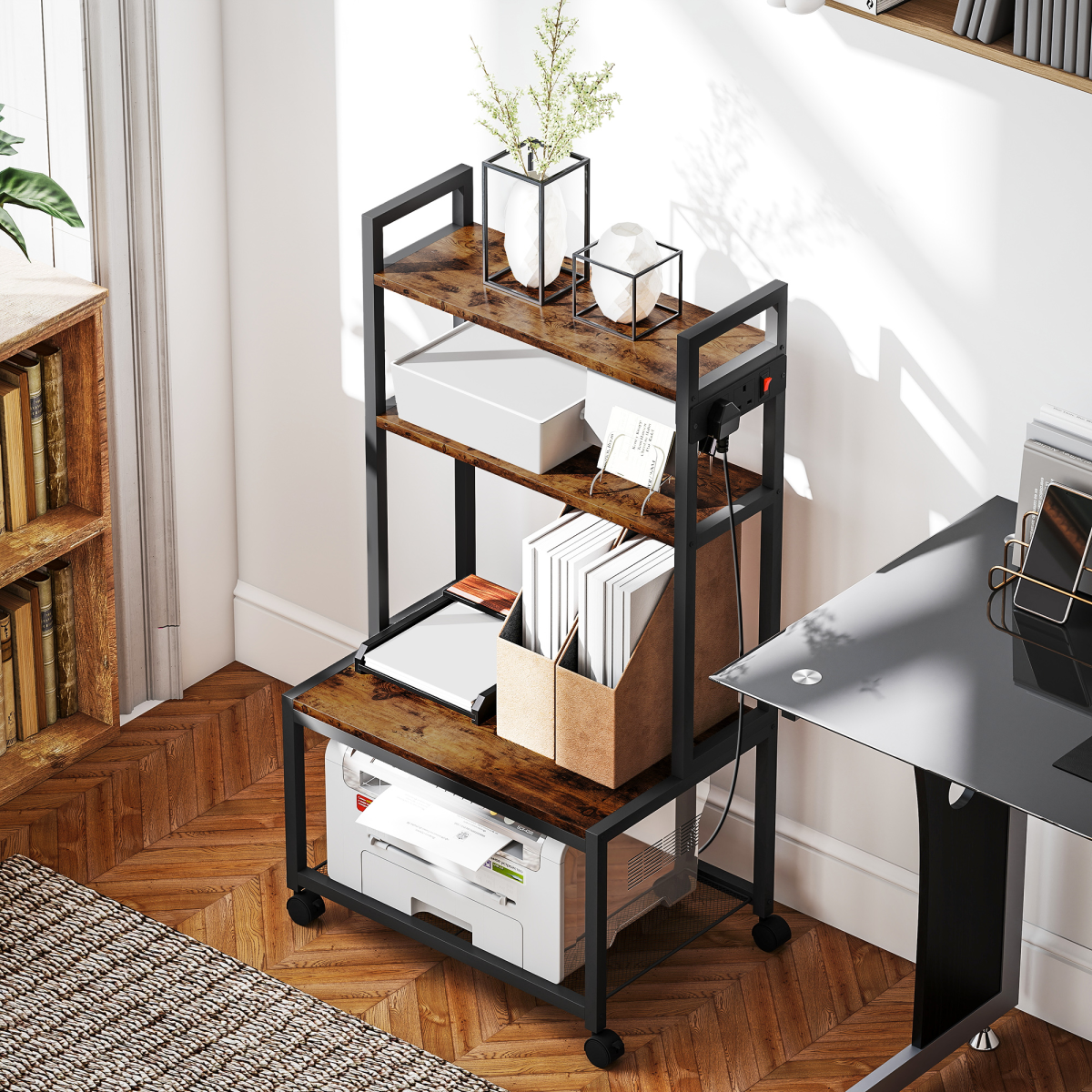 4-Tier Printer Stand with Built-In Power Outlets – Desk Organiser for Home Office