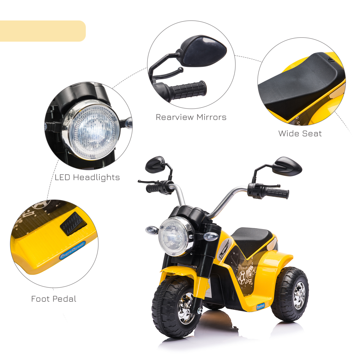 HOMCOM 6V Kids Electric Motorcycle Ride-On with Headlights & Horn – Battery Toy for 18-36 Months, Yellow