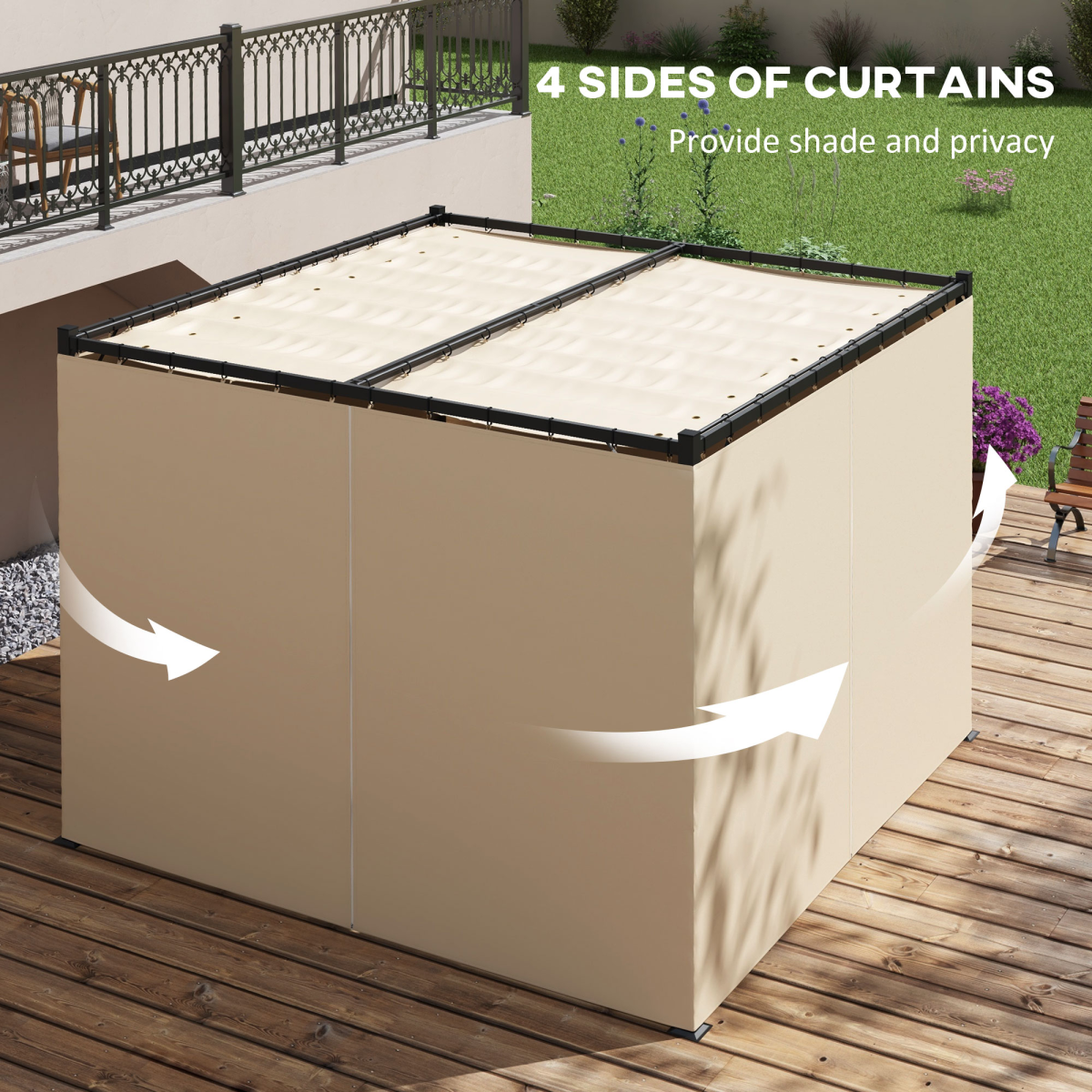 Outsunny 3 x 3m Retractable Pergola with Curtains, PU-Coated Polyester Canopy & Metal Frame – Beige