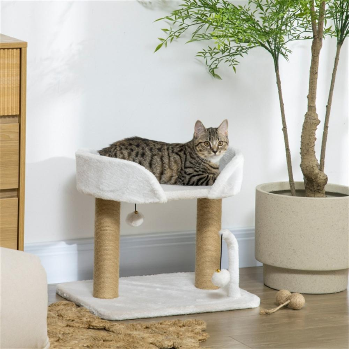 Cat Tree with Plush Perch, Jute Scratching Post and Hanging Balls – Compact Cat Tower, White