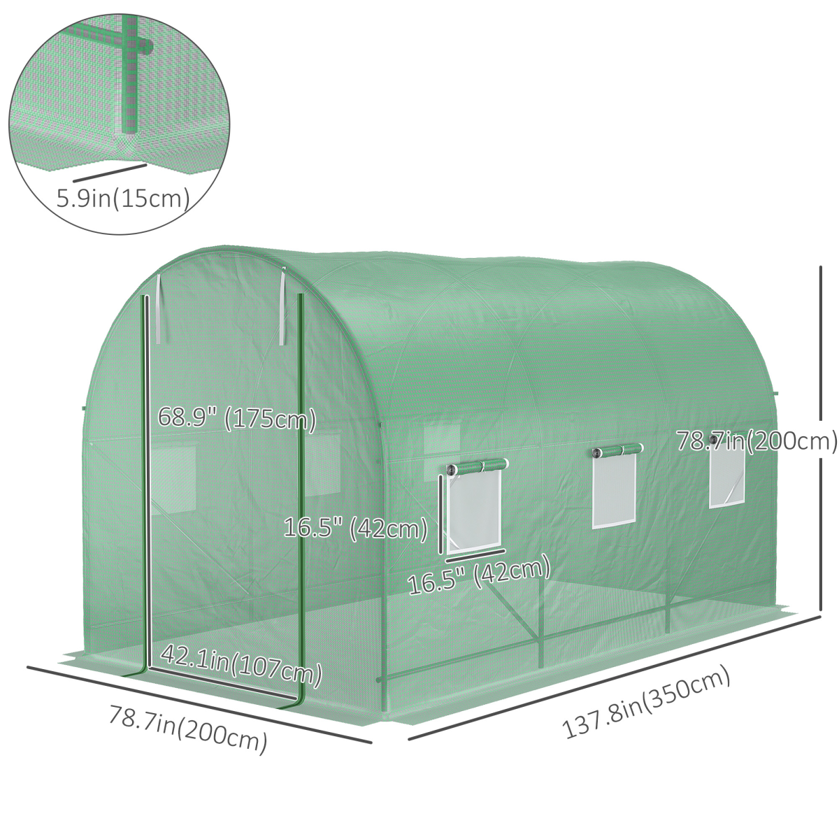 Walk-in Tunnel Greenhouse with 6 Windows & Zipped Roll-up Door – Steel Frame, 11.5 x 6.6 x 6.6ft, Deep Green