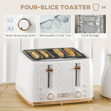 HOMCOM 1.7L Kettle & 4-Slice Toaster Set with Defrost & Reheat – Honeycomb Breakfast Set, White