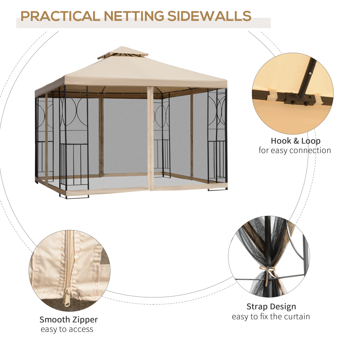 Outsunny 3x3m Outdoor Gazebo Tent with Net Curtains, Two-Tier Roof & Powder-Coated Steel Frame – Garden Shade
