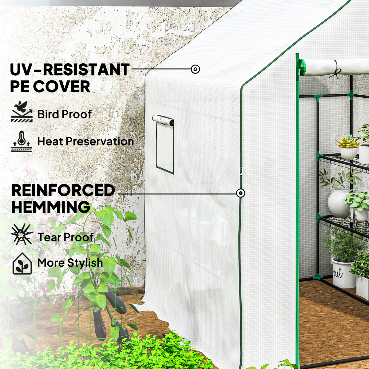 Outsunny Walk-in Greenhouse with 8 Wire Shelves, Roll-up Door & Mesh Windows – Outdoor Plant House, White