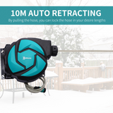 Durhand 10m Retractable Garden Hose Reel with Auto Rewind, Lock at Any Length and 7 Spray Patterns – Wall Mounted