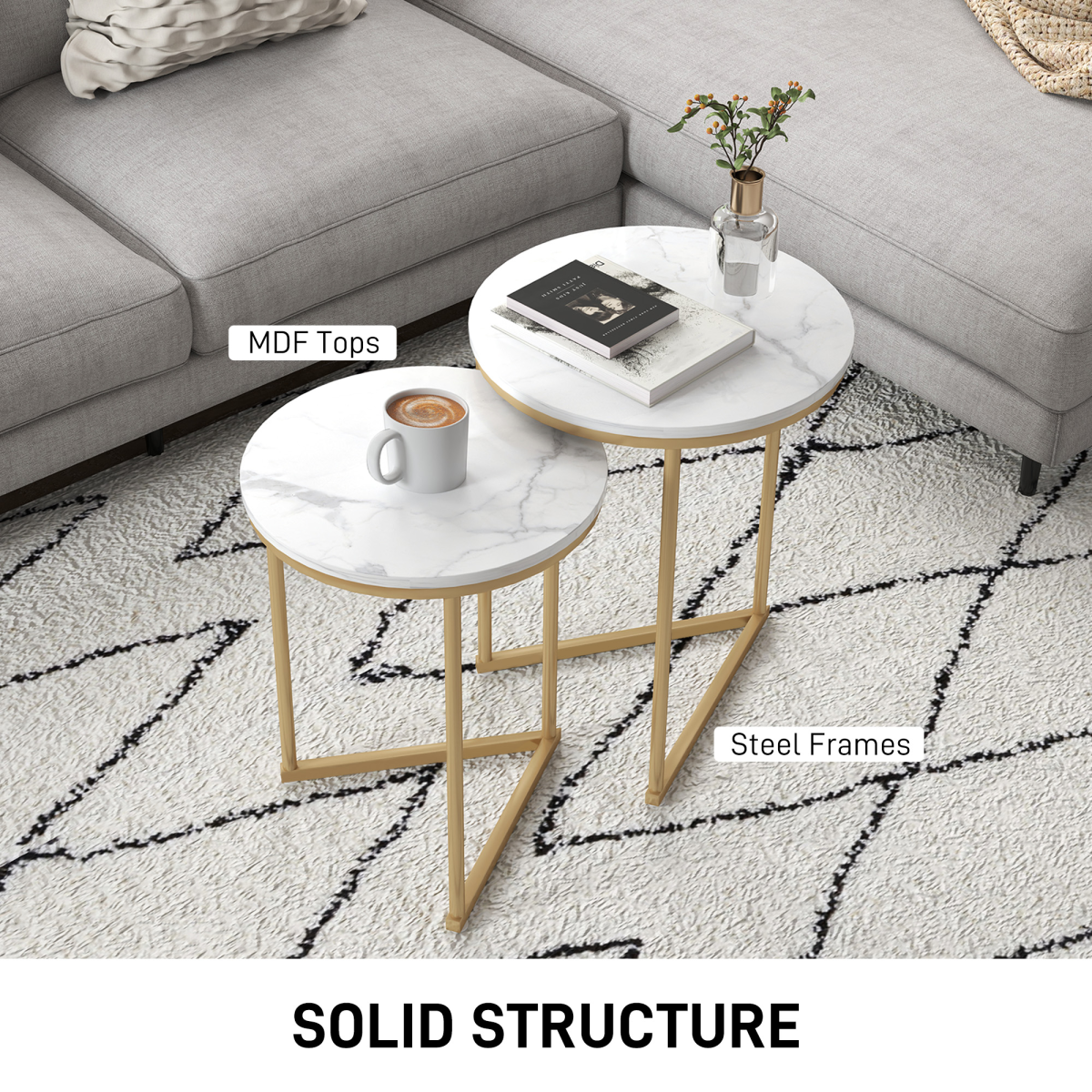HOMCOM Nesting Coffee Table Set of 2 with Marble-Effect Tops and Gold-Tone Metal Frame – Living Room Side Tables