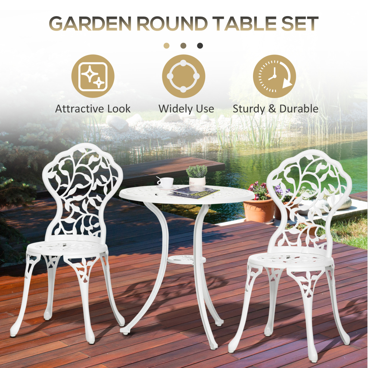Outsunny 3-Piece Aluminium Bistro Set with Round Table & 2 Chairs – Floral Cut-Out, Garden Patio