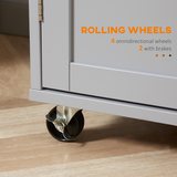 Rolling Kitchen Cart with Rubberwood Top, Towel Rack, Hooks, Drawers & Open Shelf – Grey