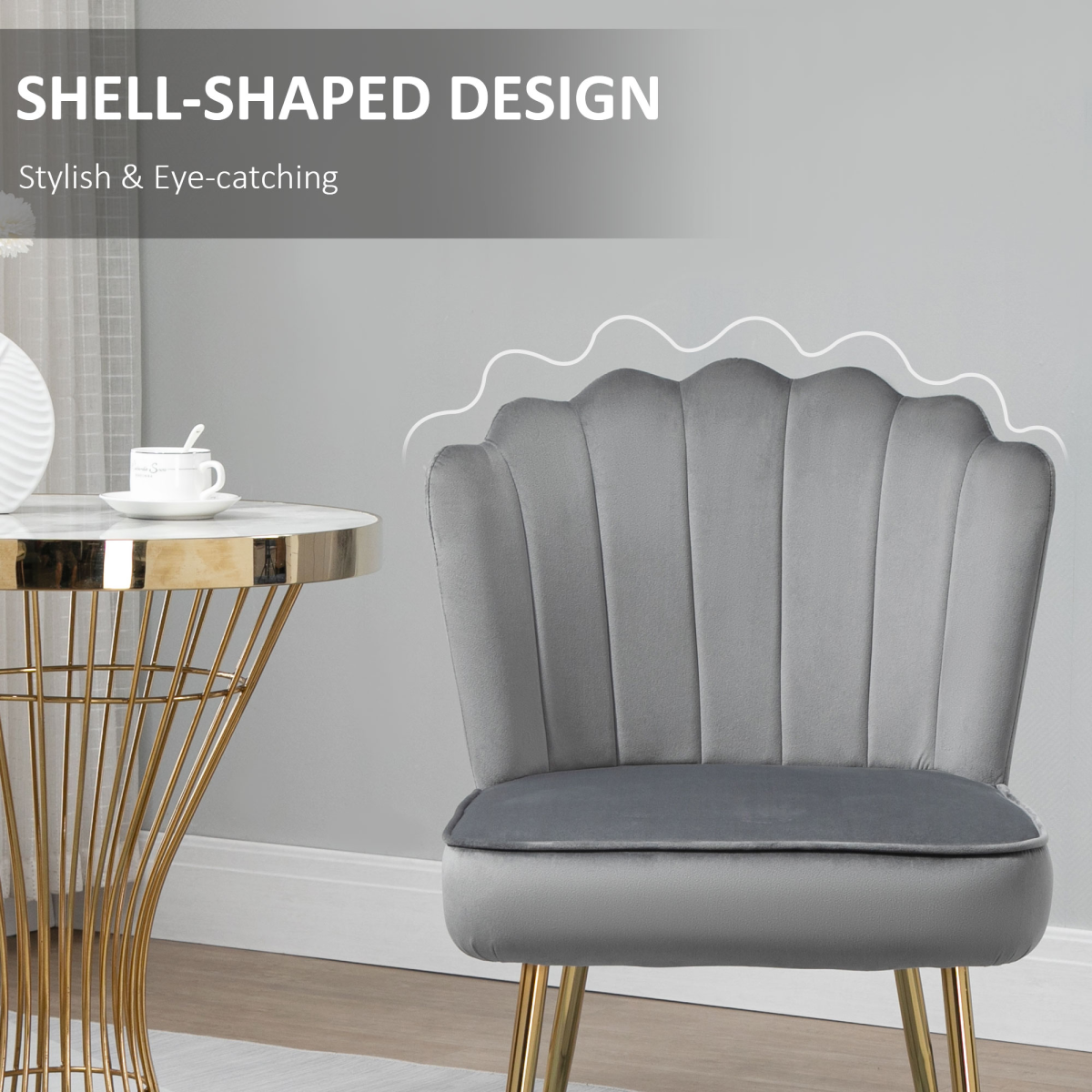 HOMCOM Velvet-Feel Shell Accent Chair with Metal Legs – Scalloped High Back Armchair, Grey