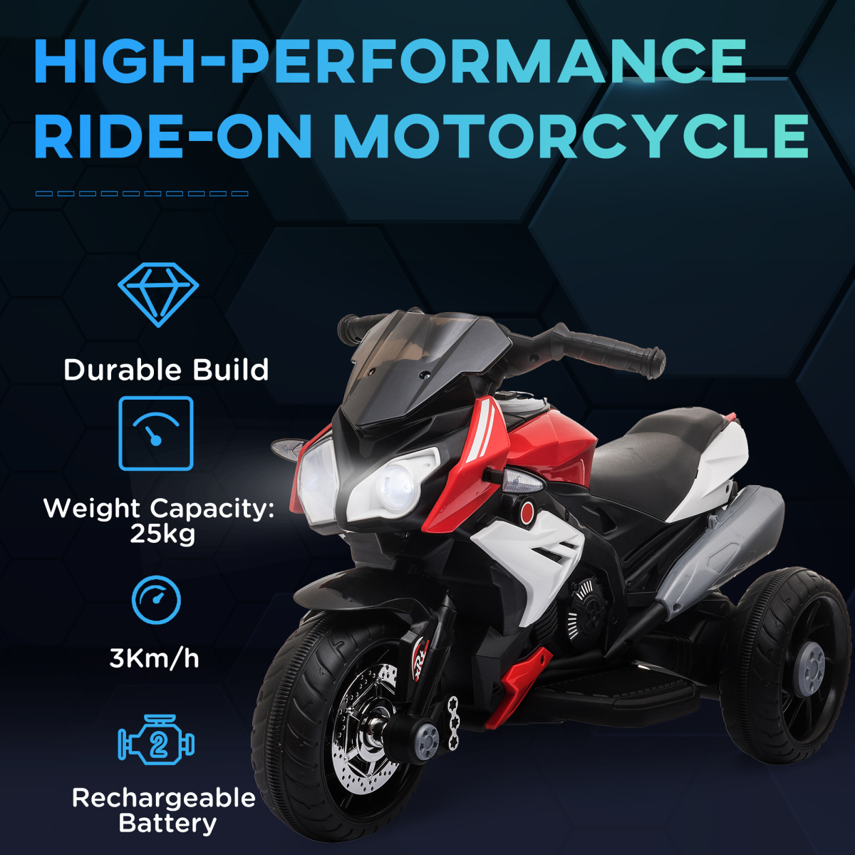 HOMCOM Kids Electric Ride-On Motorcycle with 6V Battery, Music, Horn & Lights – Toddler Trike, Red