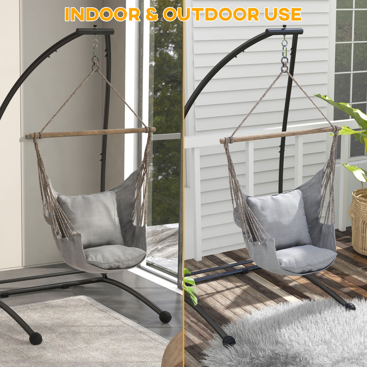 Outsunny C-Shape Metal Hammock Chair Stand with Spring Buckle – Steel Frame, 150kg Capacity, Black