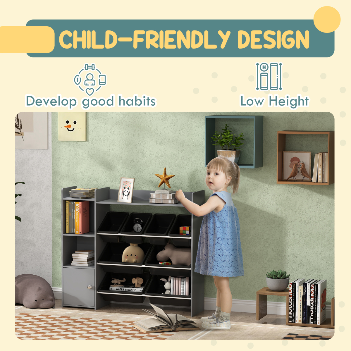 AIYAPLAY Kids Toy Storage Unit with 8 Removable Bins, Shelves & Cabinet – Grey