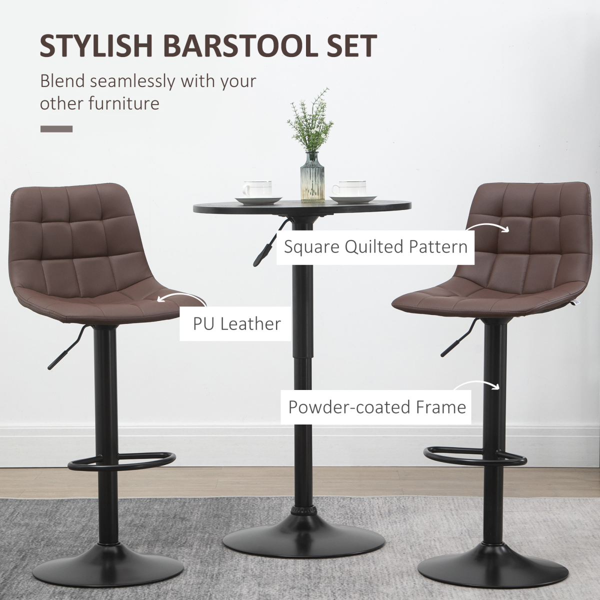 HOMCOM Set of 2 Adjustable Swivel Bar Stools with Footrest – Quilted Faux Leather Home Pub Stools, Brown