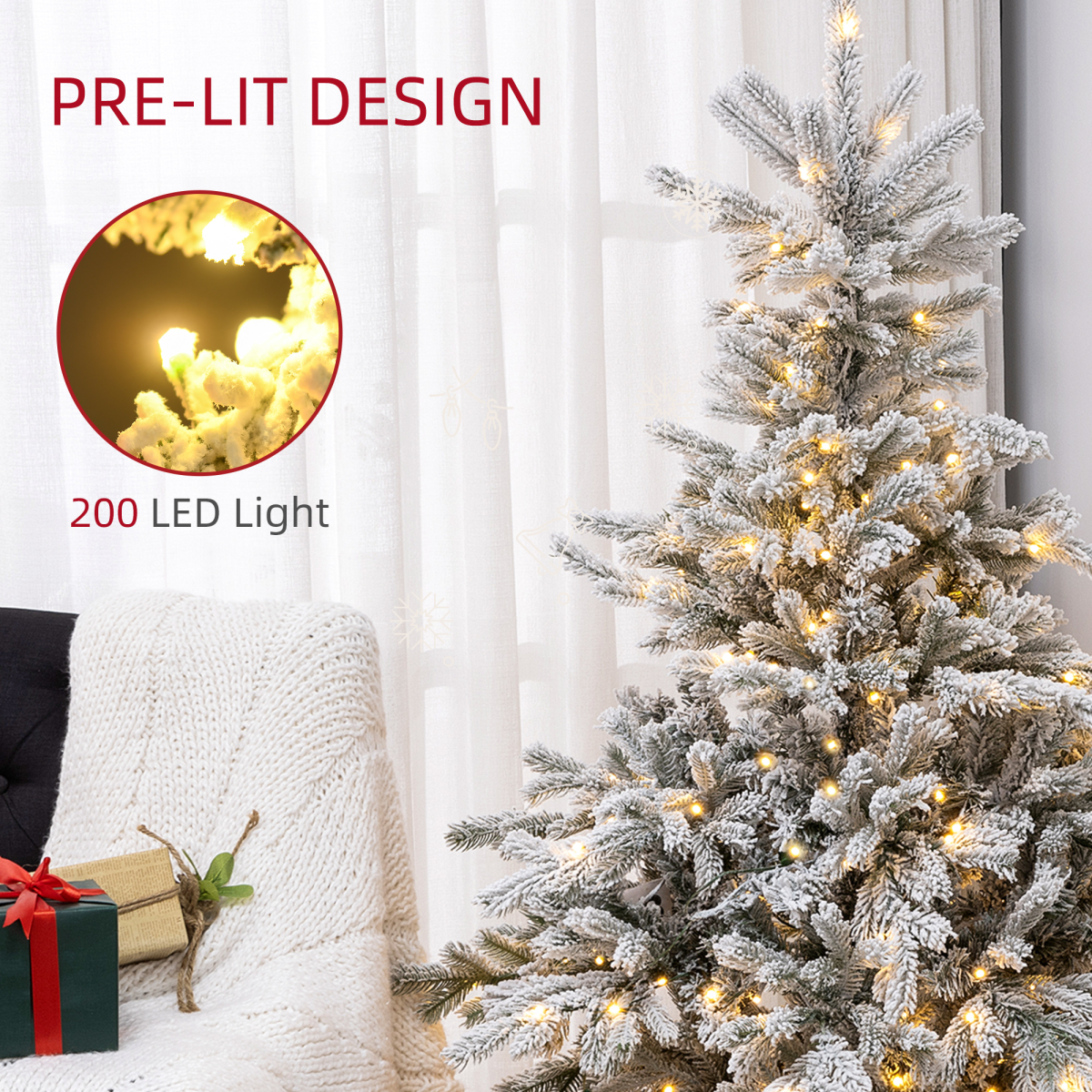 HOMCOM 5ft Artificial Christmas Tree with Realistic Snow Branches and 200 Warm White LED Lights – Auto Open