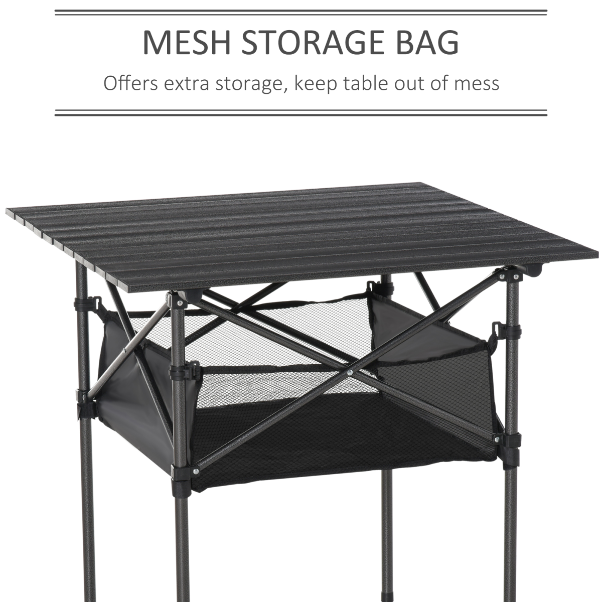 Aluminium Roll-Top Folding Camping Table with Mesh Storage Bag – Portable Picnic Table, Black