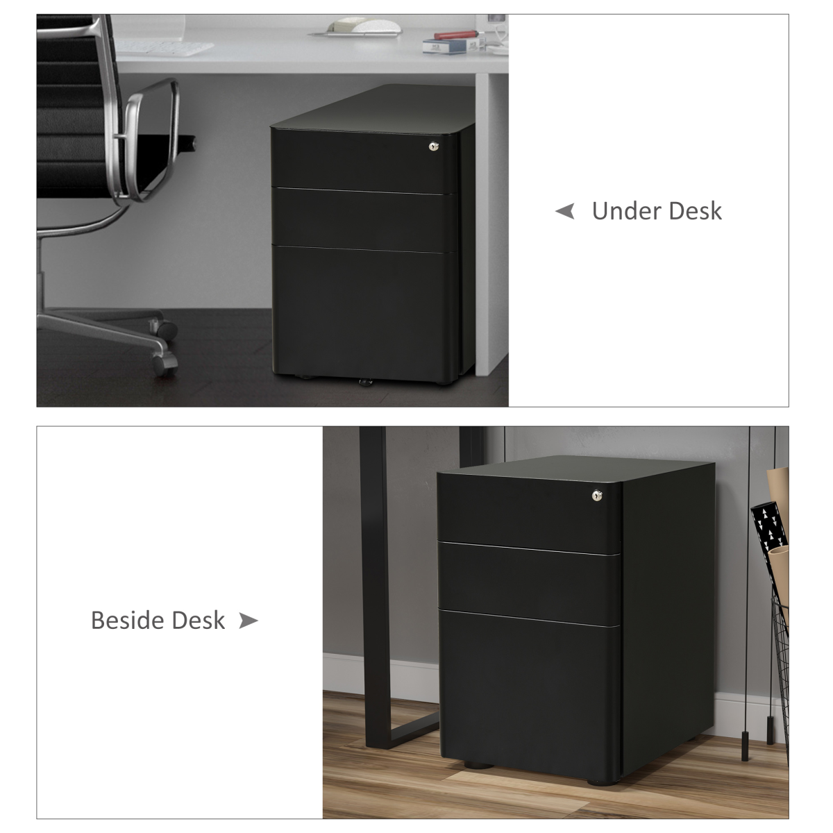 Vinsetto 3-Drawer Lockable Mobile Filing Cabinet with Steel Body & Wheels – Under-Desk Office Storage, Black