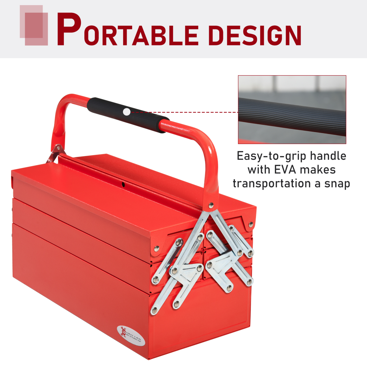 DURHAND 3-Tier Metal Tool Box with 5 Collapsible Trays – Professional Steel Toolbox for DIY, Red