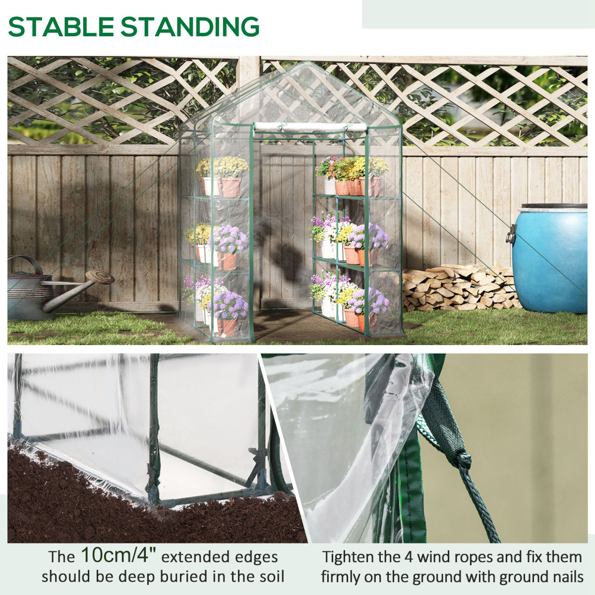 Outsunny Steel Frame Greenhouse with 2 Shelves & 8 Grid Rack – Zippered Roll-Up Door, Clear PVC Cover