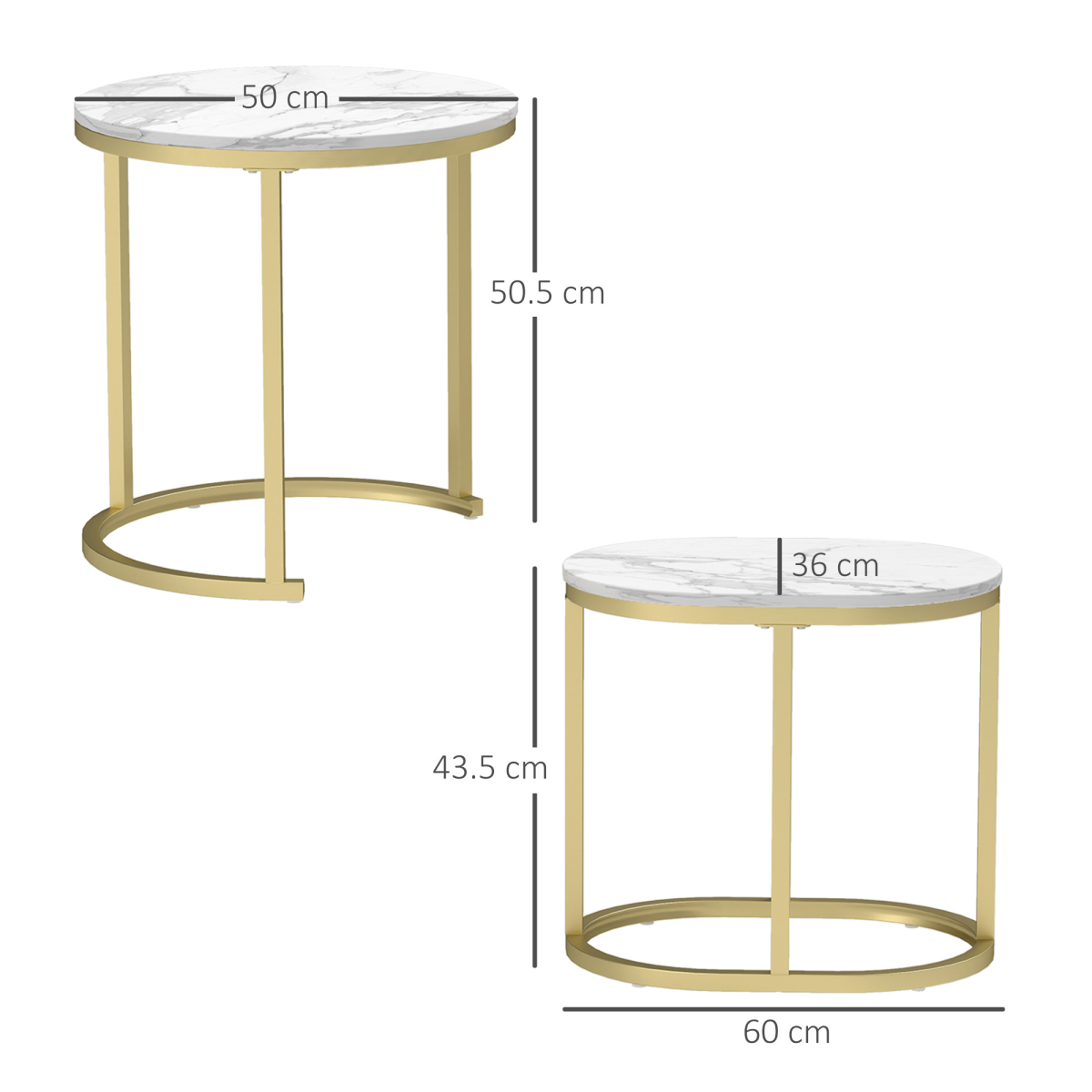HOMCOM Marble-Effect Side Table Set with Gold Tone Steel Frames – Round & Oblong Accent Tables, White