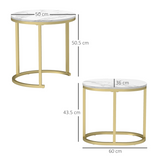 HOMCOM Marble-Effect Side Table Set with Gold Tone Steel Frames – Round & Oblong Accent Tables, White