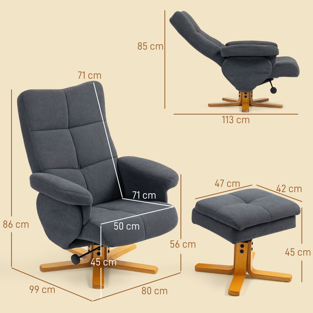 HOMCOM Linen-Look Recliner Chair with Footstool and Wooden Base – Scandi Style Relaxing Armchair, Grey