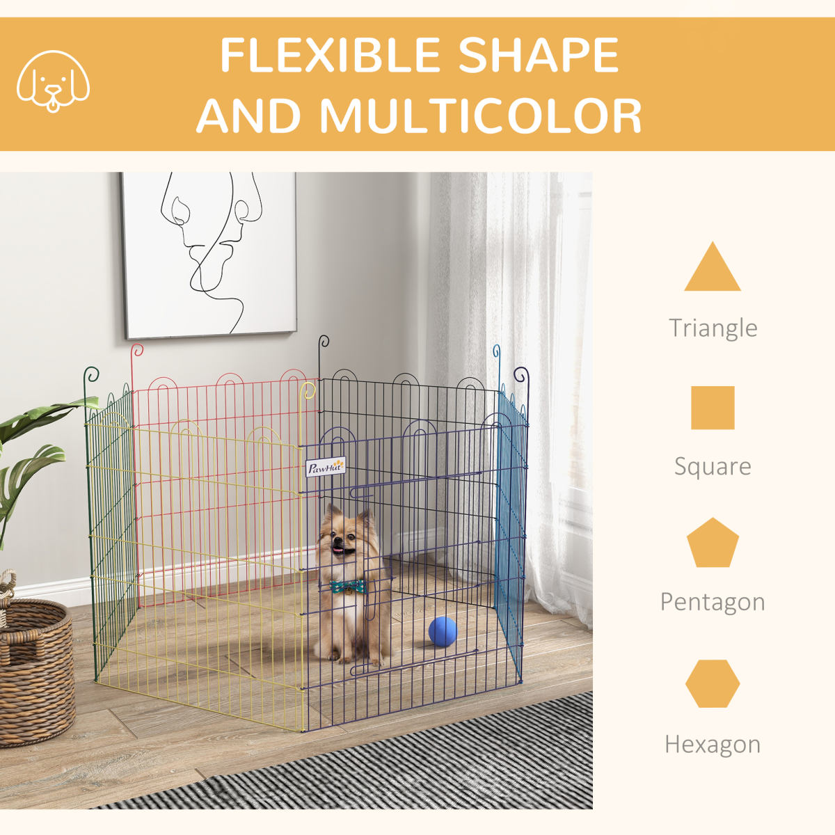 PawHut Multicolour Pet Playpen with Door, 6 Shapeable Panels – Dog, Puppy and Small Animal Crate
