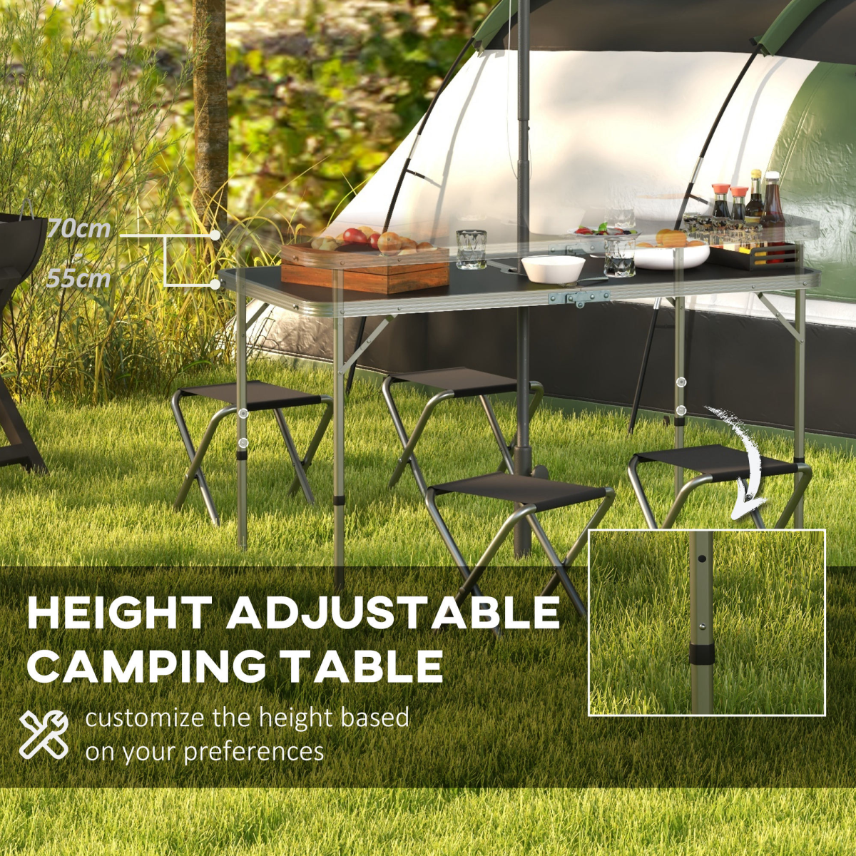 Outsunny Folding Camping Table and 4 Chairs Set with Adjustable Height & Parasol Hole – Aluminium, Black and Silver