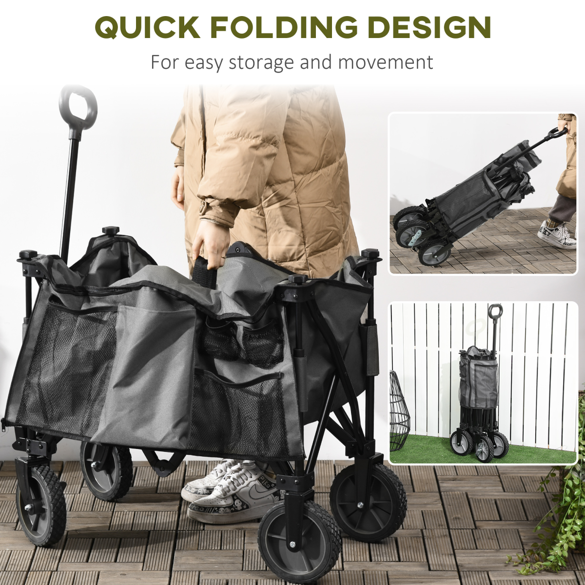 Outsunny Folding Garden Trolley with Folding Board and Carrying Bag – Collapsible Steel Camping Cart, Grey