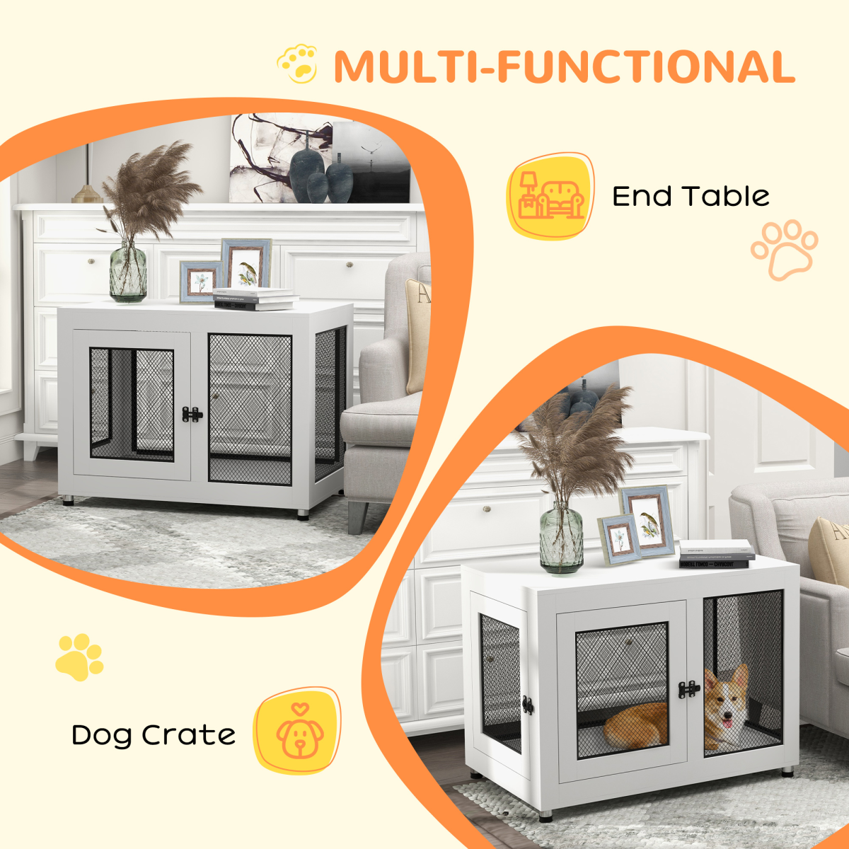 PawHut Dog Kennel End Table with Two Doors & Soft Cushion – Indoor Crate for Large Dogs, White