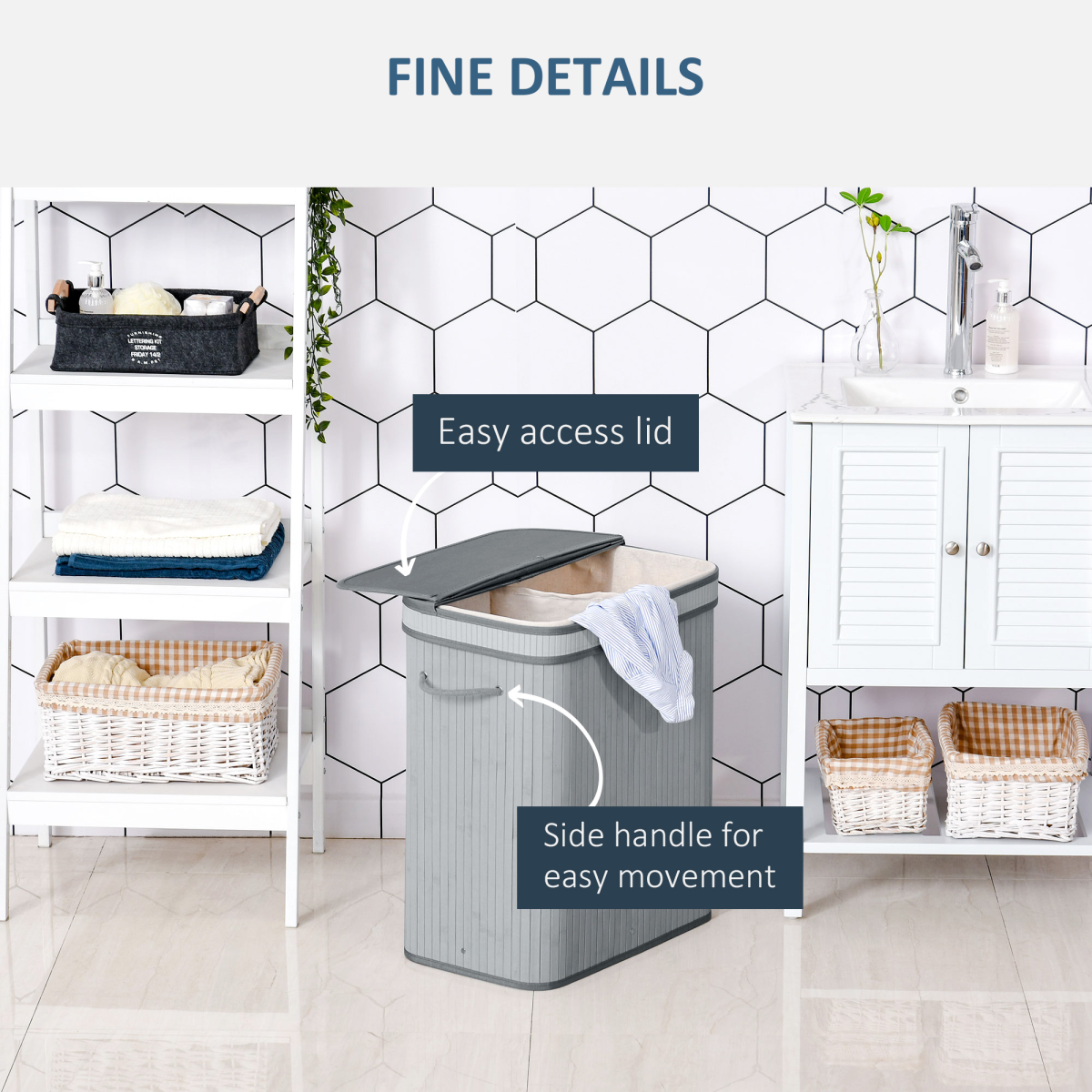 HOMCOM 100L Bamboo Laundry Basket with Flip Lid and Removable Lining – Water-Resistant Hamper, Grey