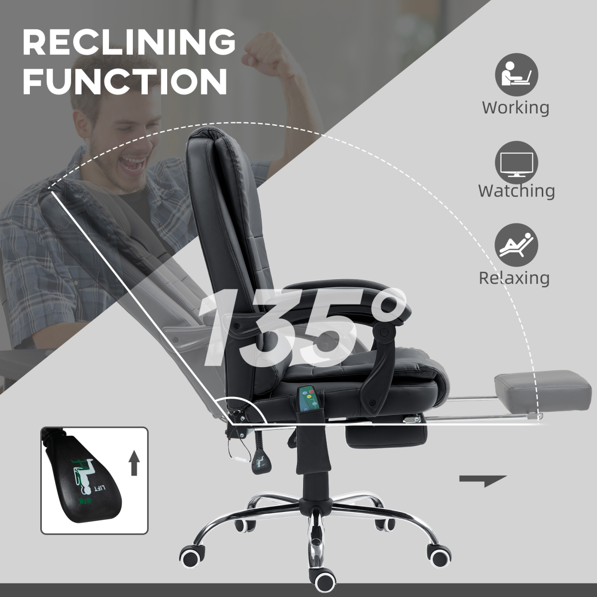 Vinsetto Heated Massage Office Chair with 6-Point Vibration, 135° Recline & Footrest – Black PU Leather