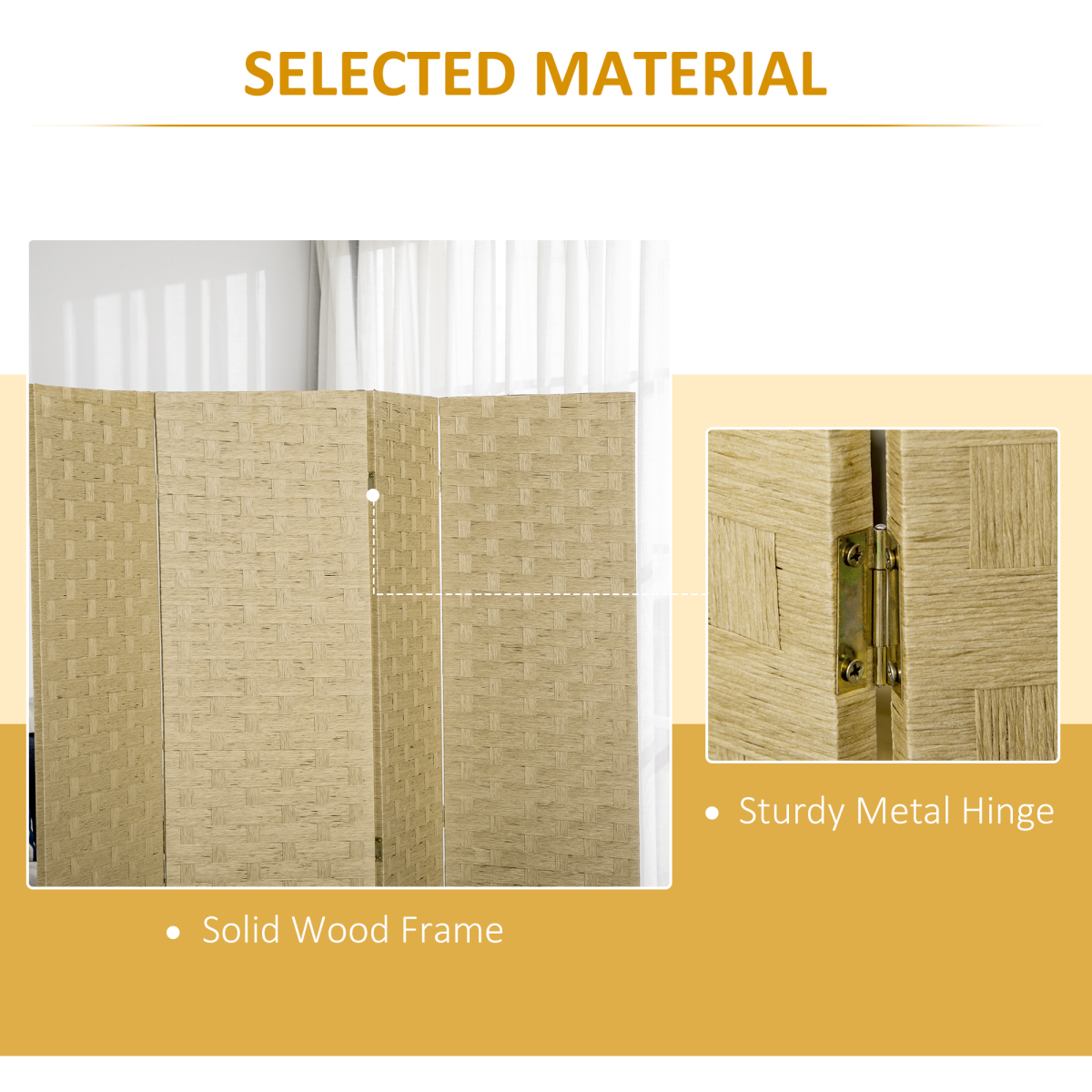 4-Panel Folding Room Divider, Wave Fibre Woven Wicker Effect Privacy Screen with Wood Frame, Brown