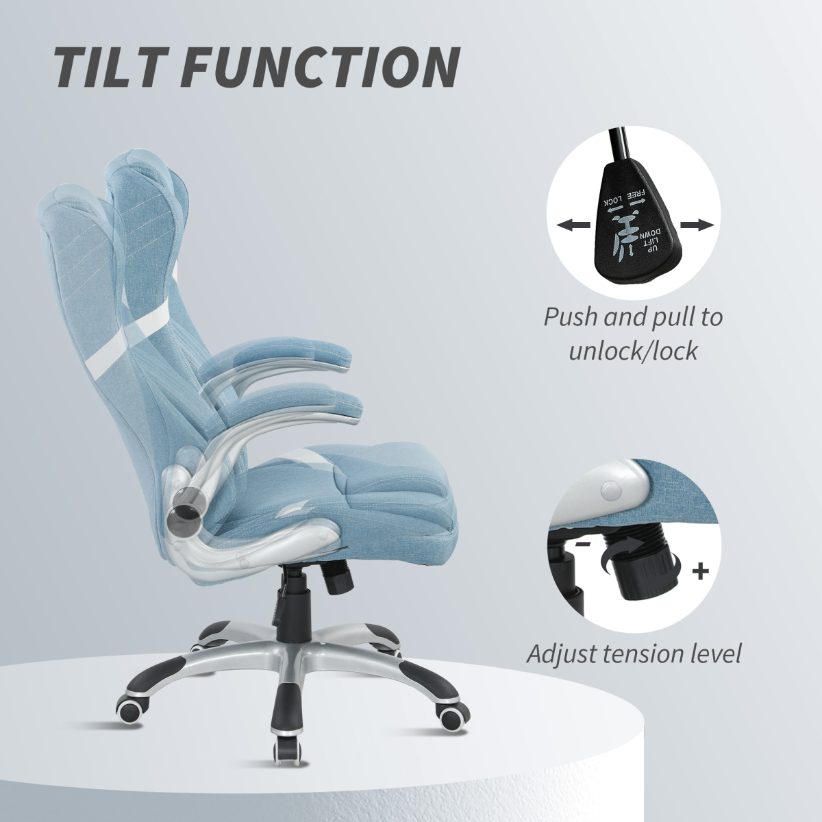 High Back Linen-Look Office Chair with Flip-Up Arms & Lumbar Support – Space-Saving Desk Chair, Blue