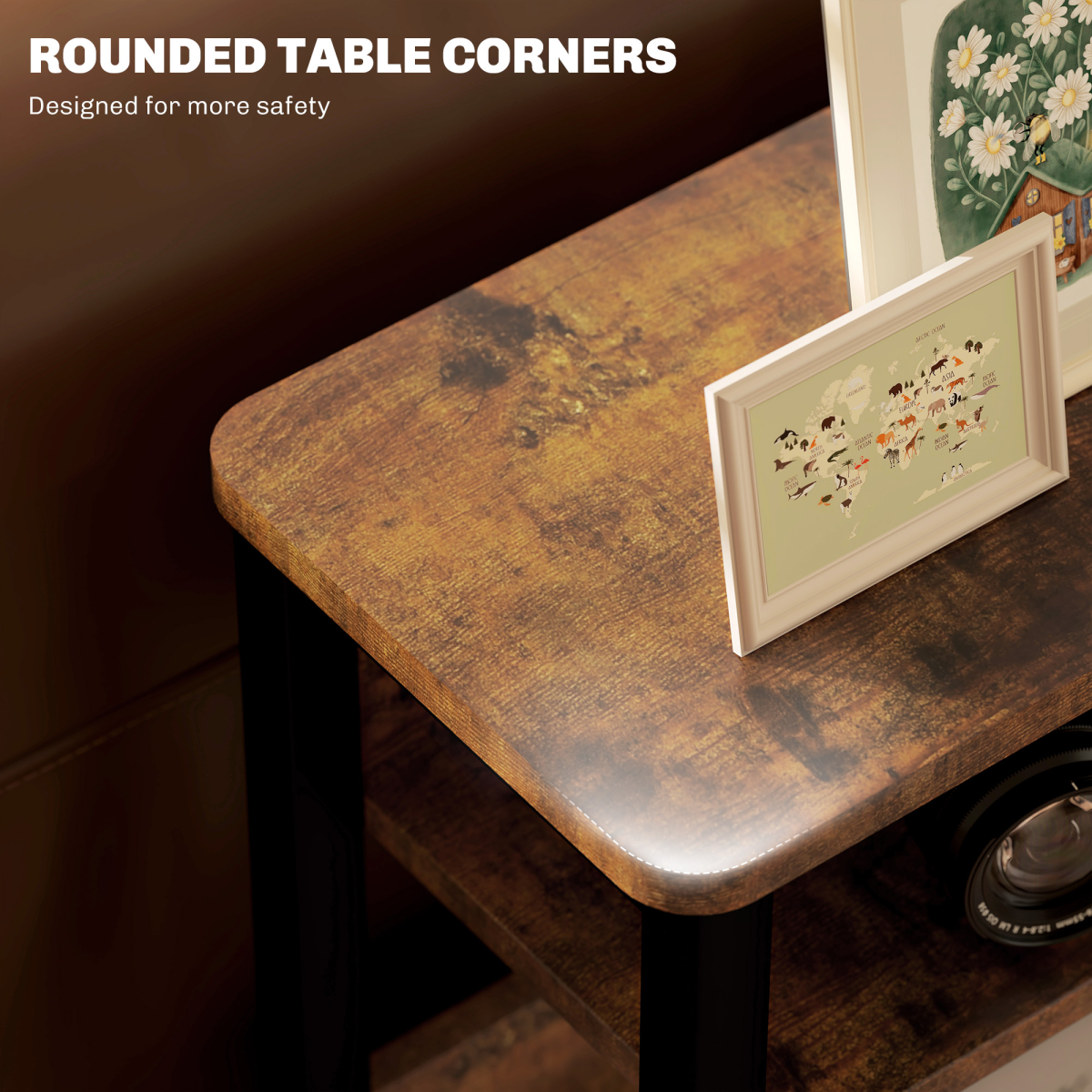 HOMCOM Narrow Industrial Side Table with Storage Shelves – Bedside or End Table, Rustic Brown