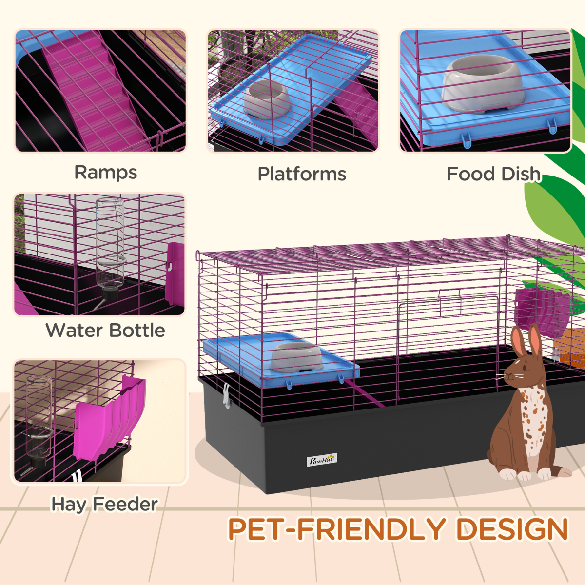 PawHut Small Animal Cage with Platform, Ramp and Hay Feeder – Rabbit and Guinea Pig Hutch Playhouse, Black