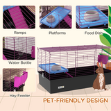 PawHut Small Animal Cage with Platform, Ramp and Hay Feeder – Rabbit and Guinea Pig Hutch Playhouse, Black