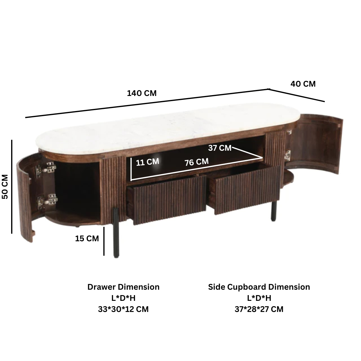Opal Mango Wood TV Cabinet with Real Marble Top & Metal Legs – Handmade Media Unit