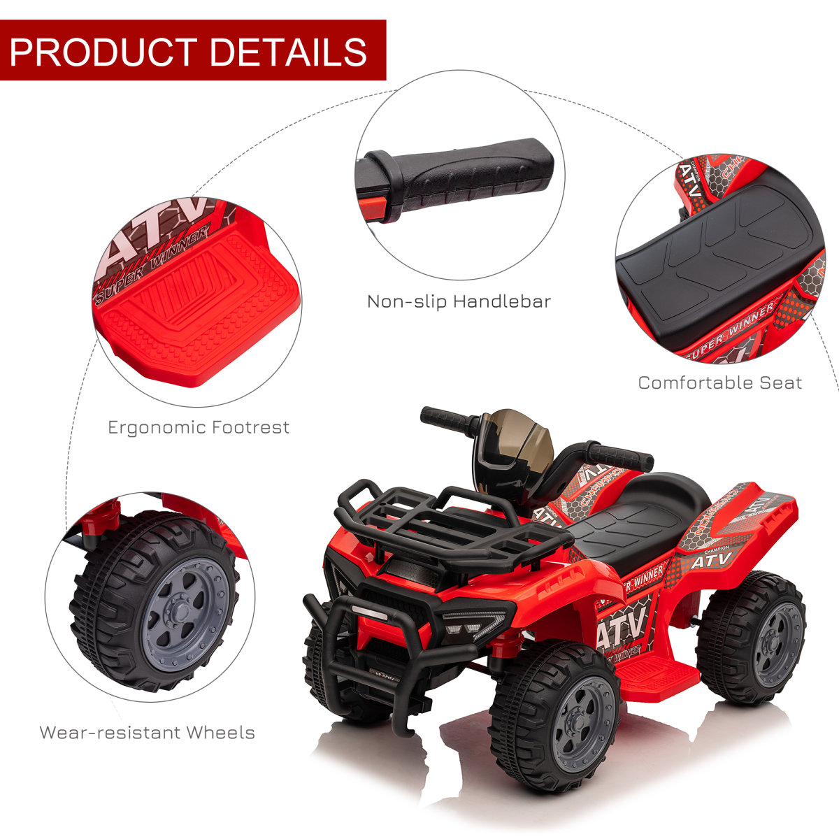 HOMCOM 6V Kids Electric Ride-On Quad Bike with Music – Toddler ATV for 18-36 Months, Red
