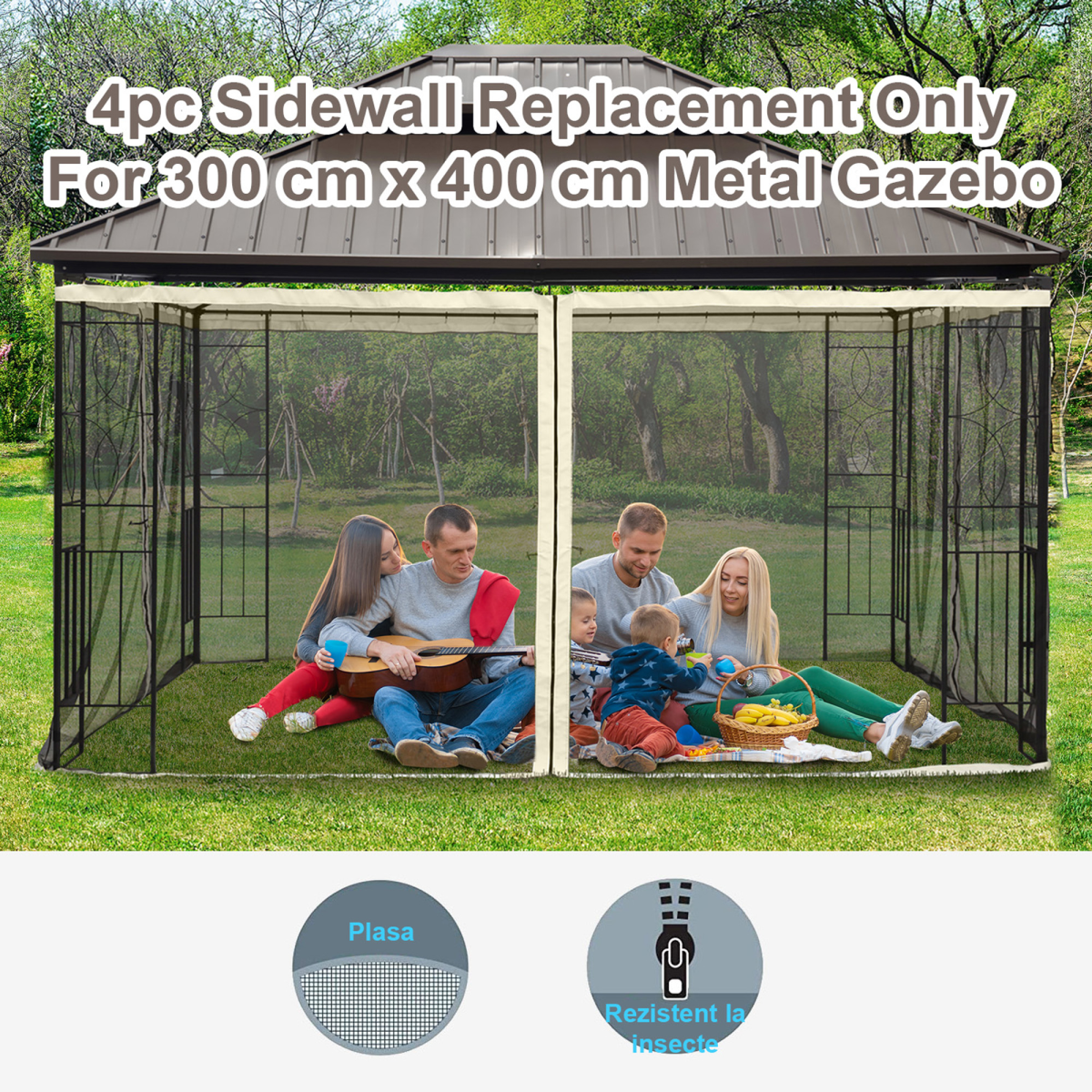 Outsunny Universal Replacement Gazebo Mesh Netting, 4 Zipped Side Walls – Fits 3 x 3m Gazebos, 302 x 207cm