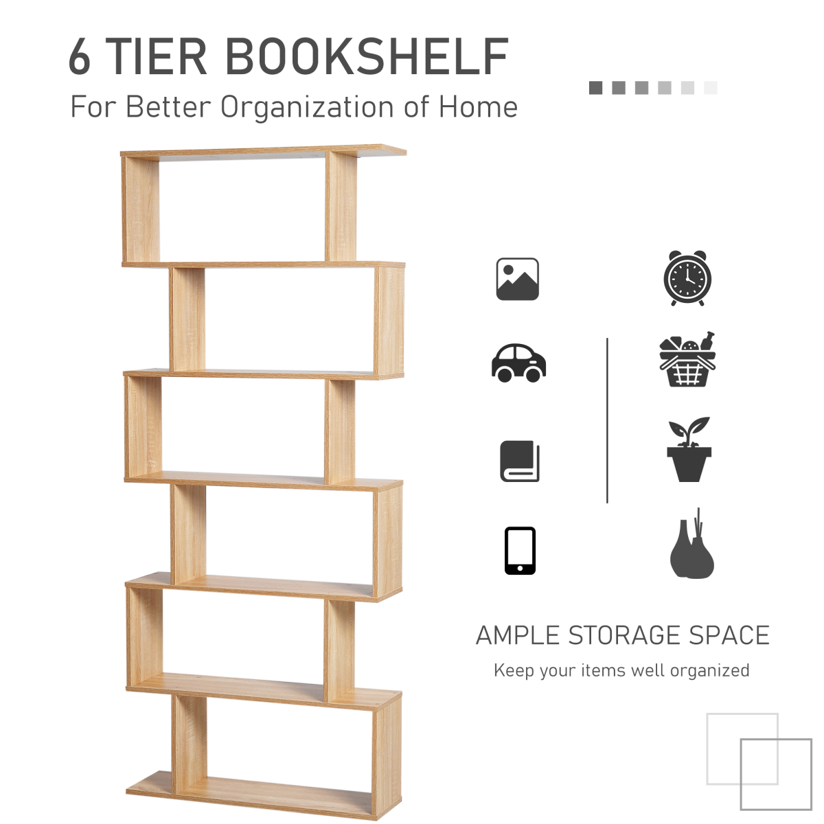 6-Tier Modern S-Shaped Wooden Shelf Storage Unit – Bookcase & Display Cabinet for Home Office, Oak Colour
