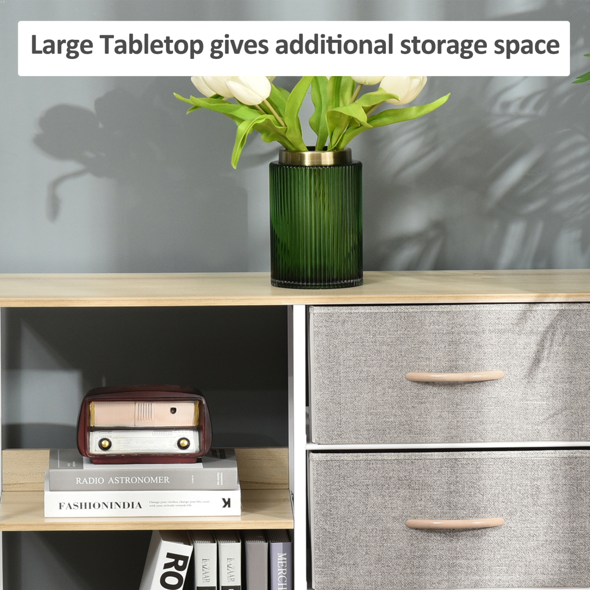 Chest Dresser with 3 Removable Fabric Drawers & Shelves – Metal Frame Storage Cabinet Organiser, Beige