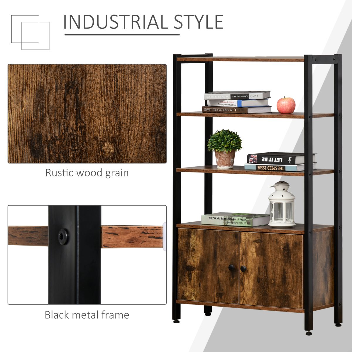 Industrial Bookcase Storage Cabinet with Open Shelves & Cupboard – Brown and Black Two-Tone