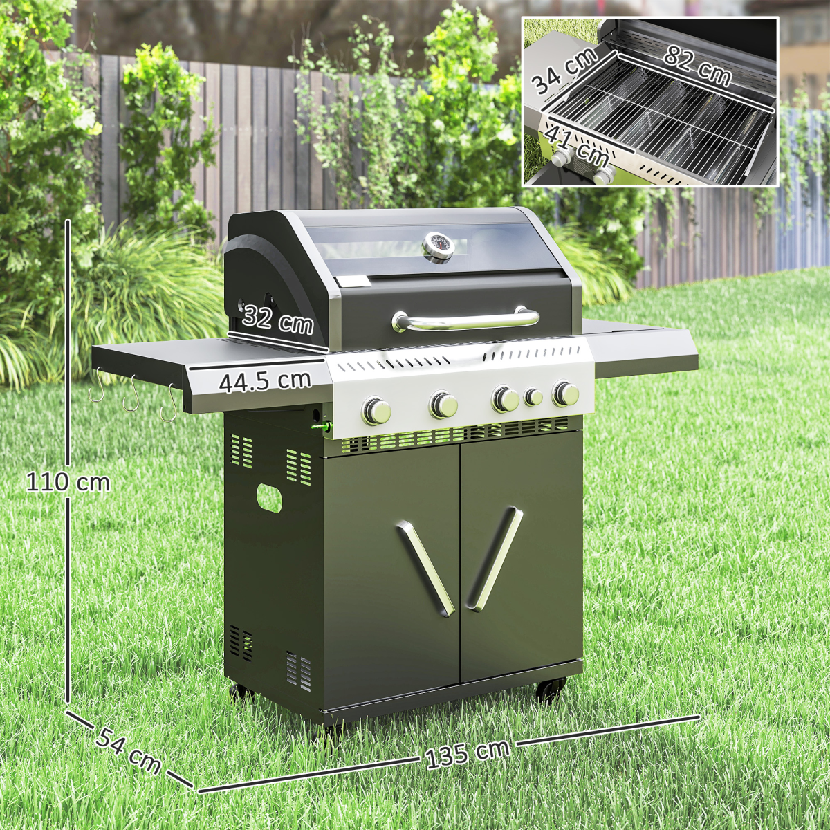 Outsunny 4+1 Burner Gas BBQ Grill with Clear View Lid, Thermometer and Storage Cabinet – Propane Barbecue on Wheels, Black